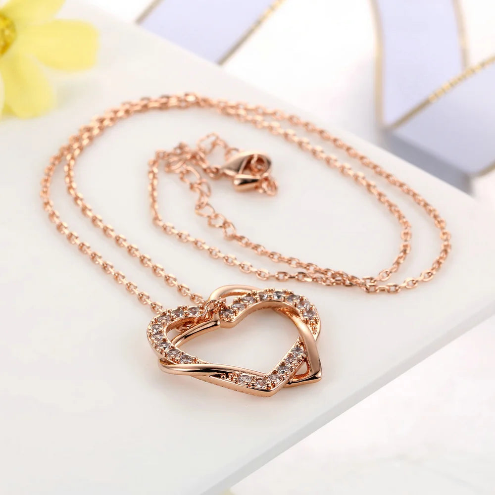 Heart to Heart Rose Gold Pendant Necklace - Cubic Zirconia Sparkle
