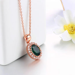 Rose Gold Green Crystal Pendant Necklace - Elegant Statement Jewelry