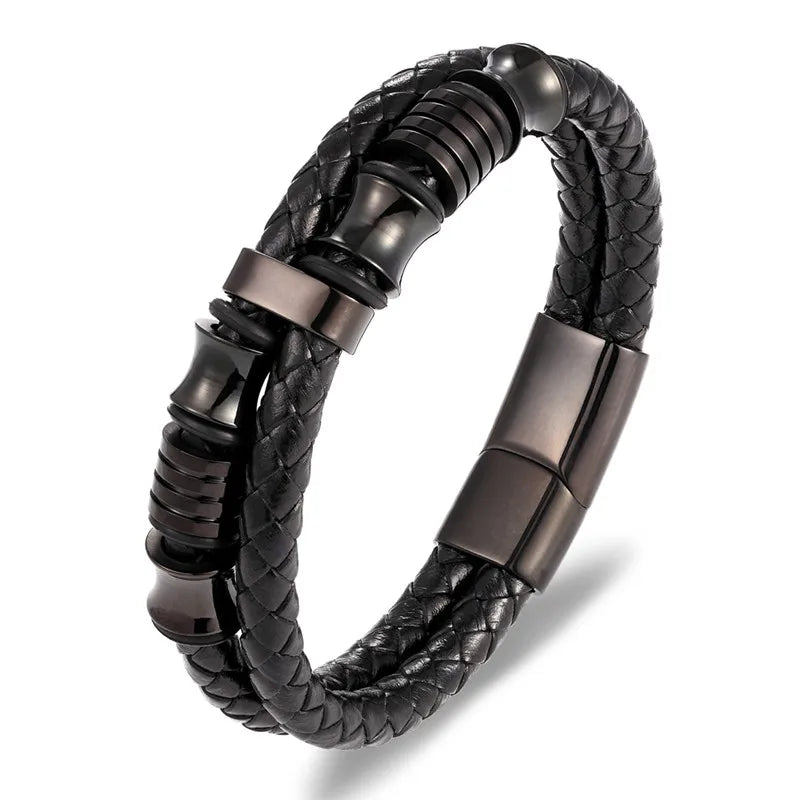 Multilayer Braided Black Leather Bracelet - Men's Magnetic Clasp Style