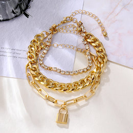 Punk Heavy Metal Crystal Lock Pendant Bracelet Set