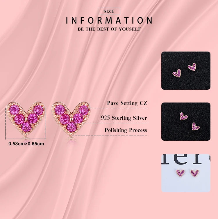 Genuine 925 Sterling Silver Heart Pink Stud Earrings - Romantic Jewelry