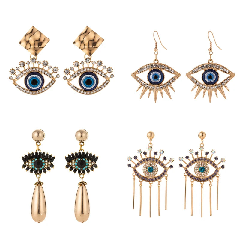 Rhinestone Evil Eye Statement Earrings - Geometric Glass Fashion Jewelry