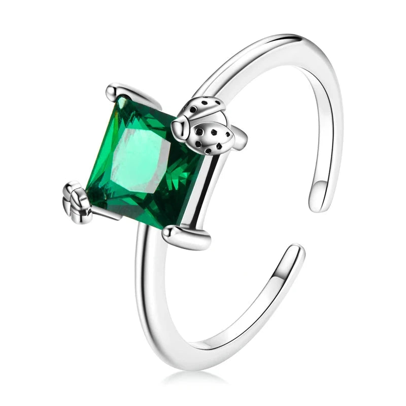 925 Sterling Silver Green Square Gemstone Open Ring - Adjustable Design