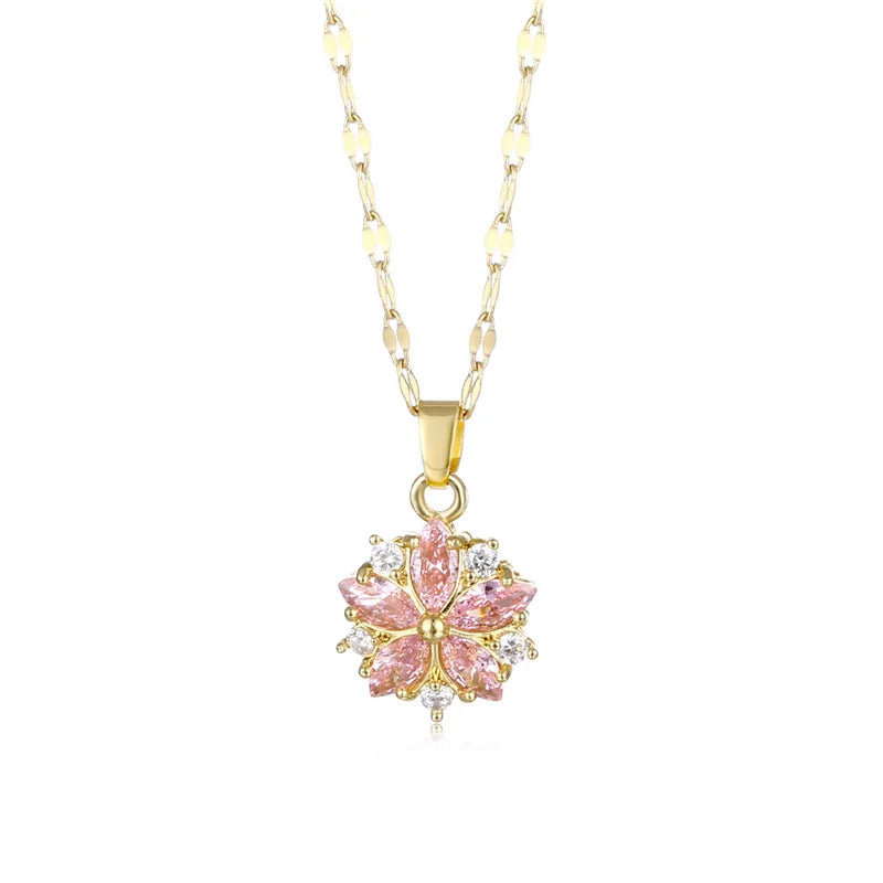 Pink Crystal Sakura Pendant Necklace - Feminine Floral Sparkle