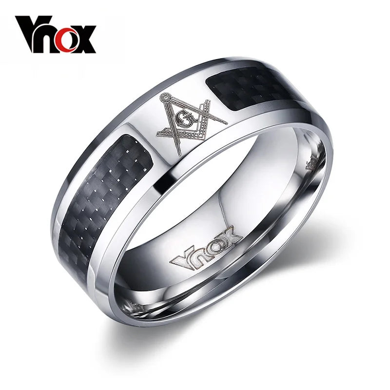 Stainless Steel Masonic Men's Ring - Carbon Fiber Accent