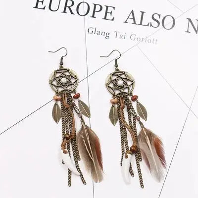 Antique Vintage Bohemian Ethnic Tassel Earrings - Feather Drop Jewelry