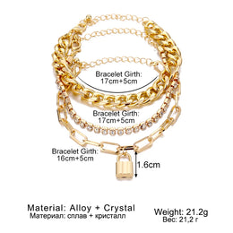 Punk Heavy Metal Crystal Lock Pendant Bracelet Set