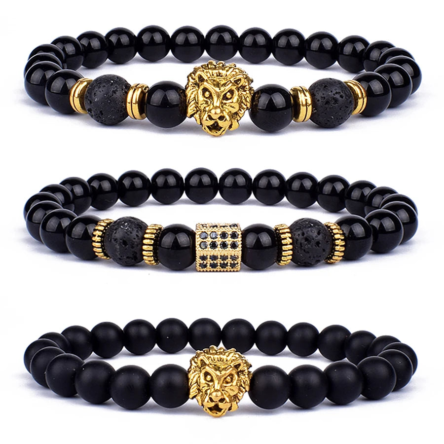 Obsidian Lion Head Charm Bracelet - Bold Beaded Energy Jewelry