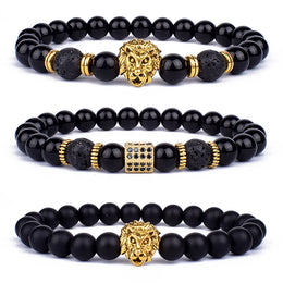Obsidian Lion Head Charm Bracelet - Bold Beaded Energy Jewelry