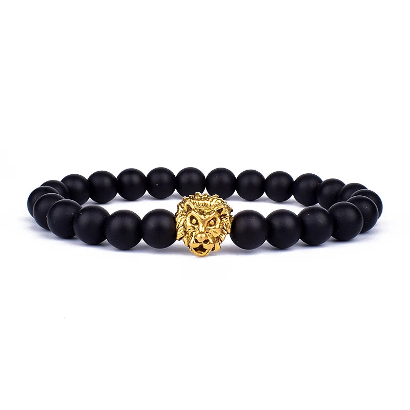 Obsidian Lion Head Charm Bracelet - Bold Beaded Energy Jewelry