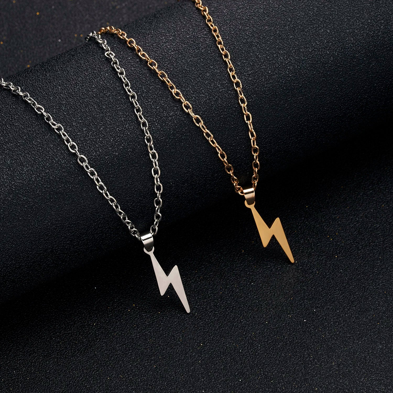 Long Chain Small Lightning Pendant Necklace - Unisex Stainless Steel Style