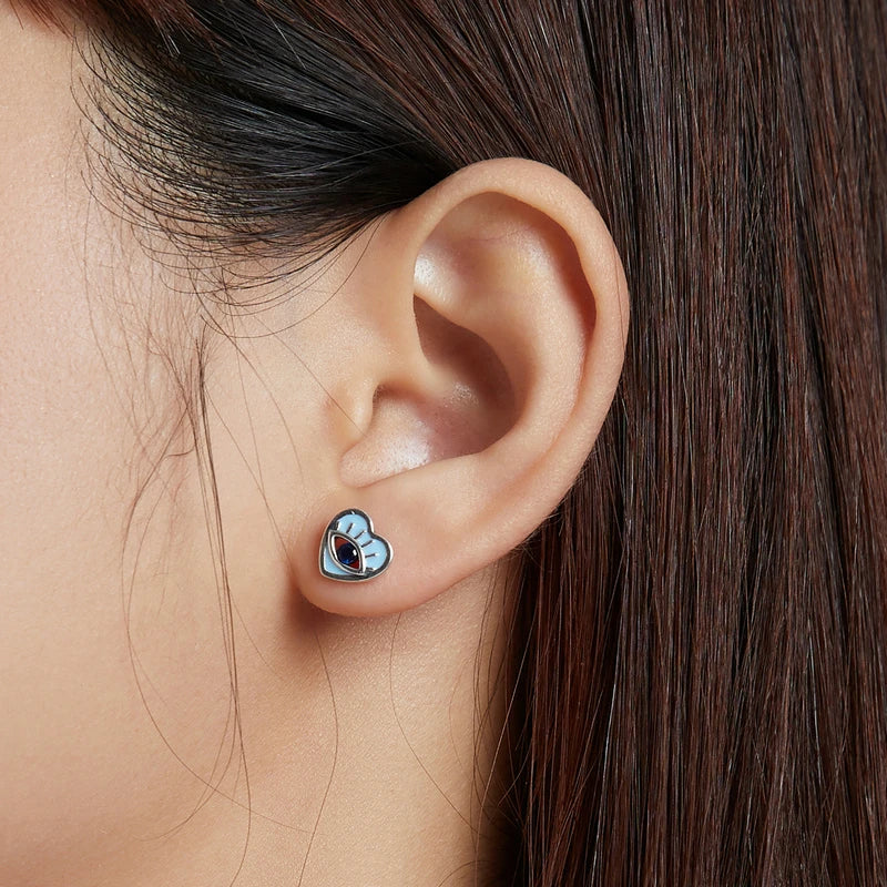 Silver Devil Eye 925 Sterling Silver Earrings - Heart Zircon Stud Jewelry