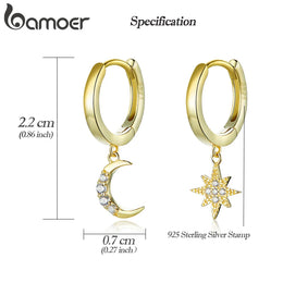Genuine 925 Sterling Silver Moon and Star Dangle Earrings - Fine Jewelry