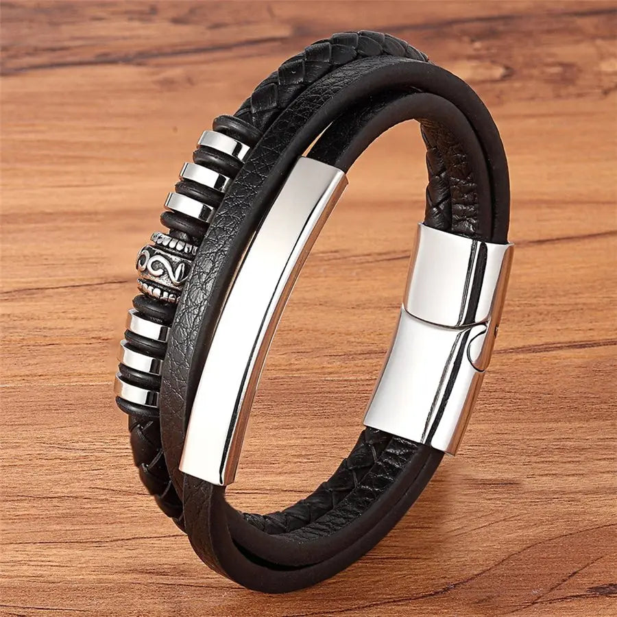 Multilayer Braided Black Leather Bracelet - Men's Magnetic Clasp Style