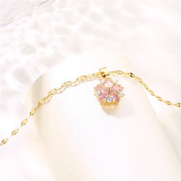 Pink Crystal Sakura Pendant Necklace - Feminine Floral Sparkle