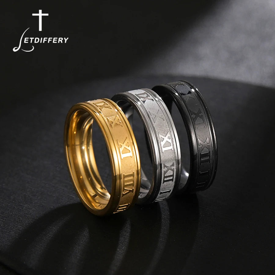Stainless Steel Roman Numeral Rings - Classic Engraved Band Jewelry