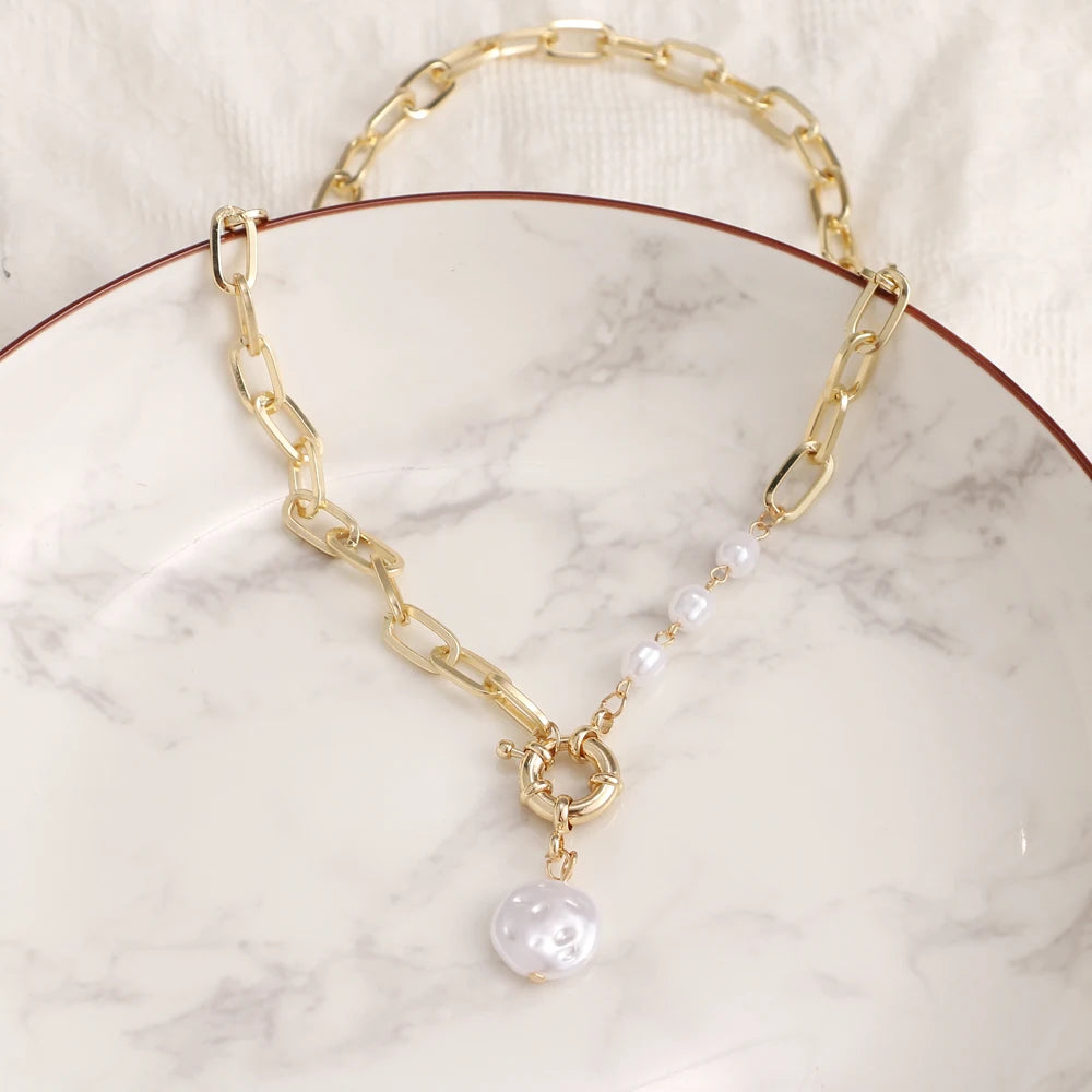 Layered Pearl Thick Chains Pendant Necklace - Trendy Statement Style