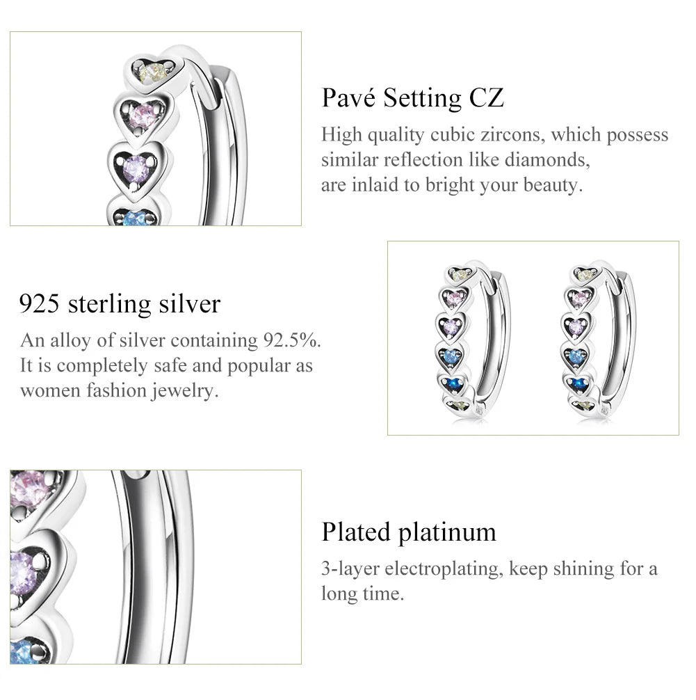 Heart-Shaped 925 Sterling Silver Rainbow Zircon Earrings - Hoop Fashion Jewelry