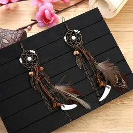 Antique Vintage Bohemian Ethnic Tassel Earrings - Feather Drop Jewelry