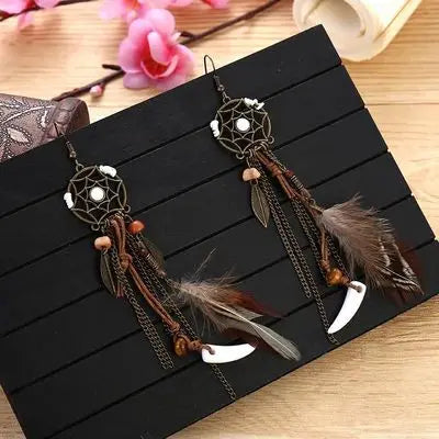Antique Vintage Bohemian Ethnic Tassel Earrings - Feather Drop Jewelry