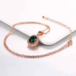 Rose Gold Green Crystal Pendant Necklace - Elegant Statement Jewelry