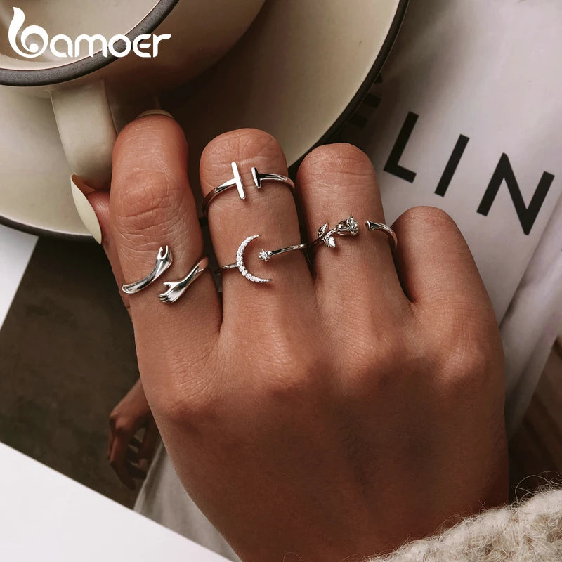 925 Sterling Silver Minimalist Open Adjustable Ring - Geometric Design