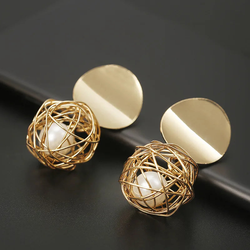 Geometric Woven Ball Pearl Drop Earrings - Romantic Statement Jewelry