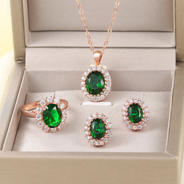 Rose Gold Green Crystal Pendant Necklace - Elegant Statement Jewelry