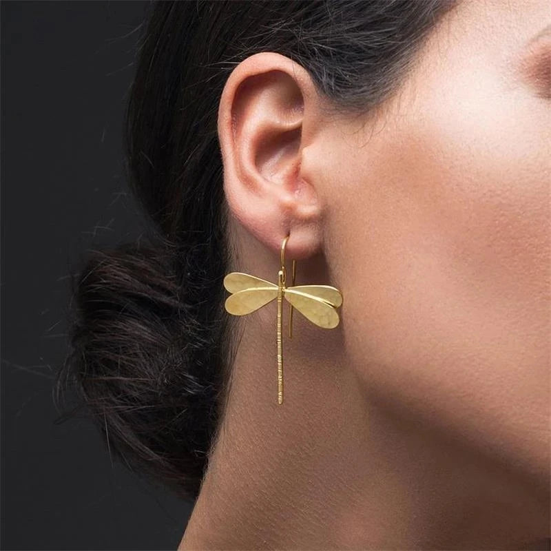 Simple 3D Dragonfly Drop Earrings - Bohemian Nature Jewelry