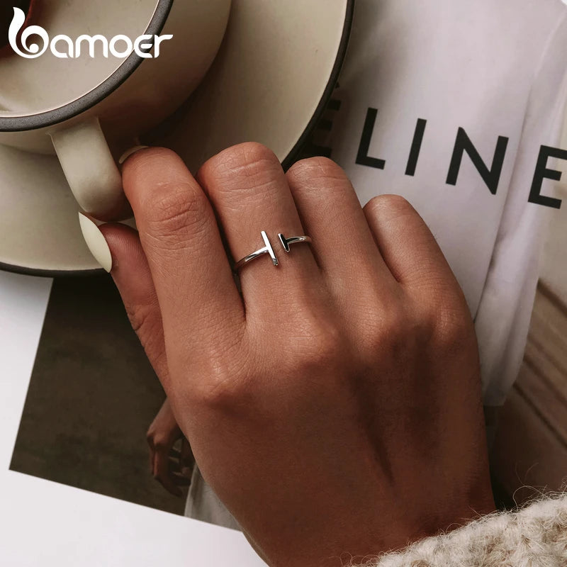 925 Sterling Silver Minimalist Open Adjustable Ring - Geometric Design