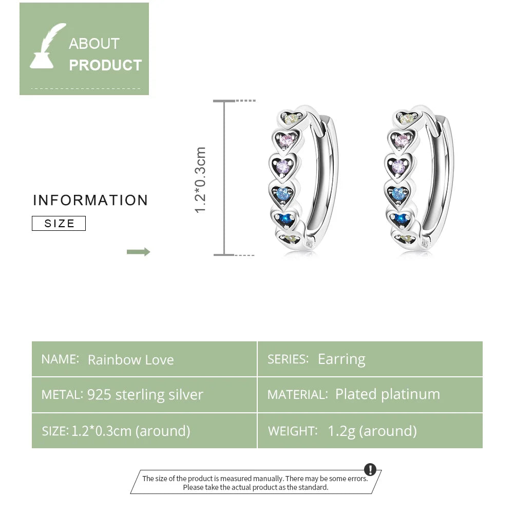 Heart-Shaped 925 Sterling Silver Rainbow Zircon Earrings - Hoop Fashion Jewelry