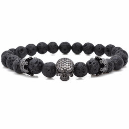 Natural Lava Stone Beaded Bracelet - CZ Crystal Hiphop Fashion Jewelry