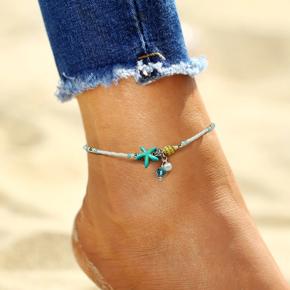 Bohemian Imitation Pearls Starfish Charms Bracelet - Silver Metal Anklet Jewelry