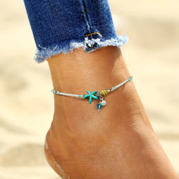 Bohemian Imitation Pearls Starfish Charms Bracelet - Silver Metal Anklet Jewelry