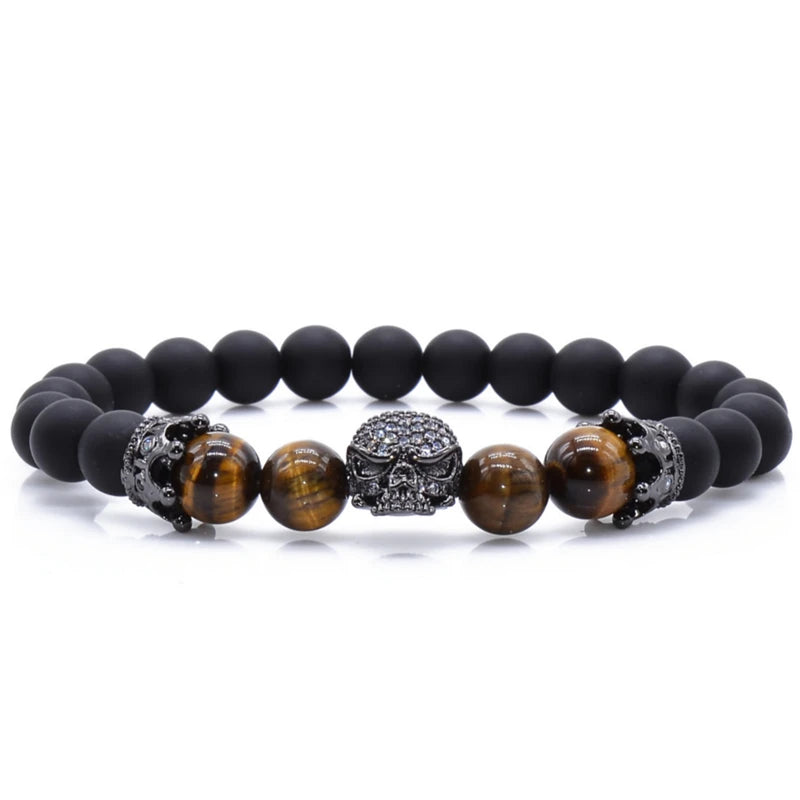 Natural Lava Stone Beaded Bracelet - CZ Crystal Hiphop Fashion Jewelry