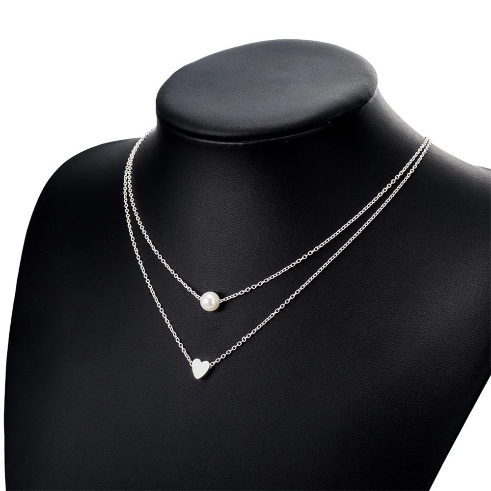 Sweet Double Layers Heart Pendant Necklace - Imitation Pearl Design
