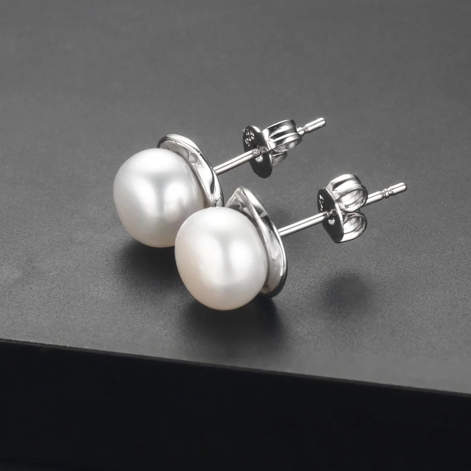 Genuine Natural Pearl Earrings - 925 Sterling Silver Studs