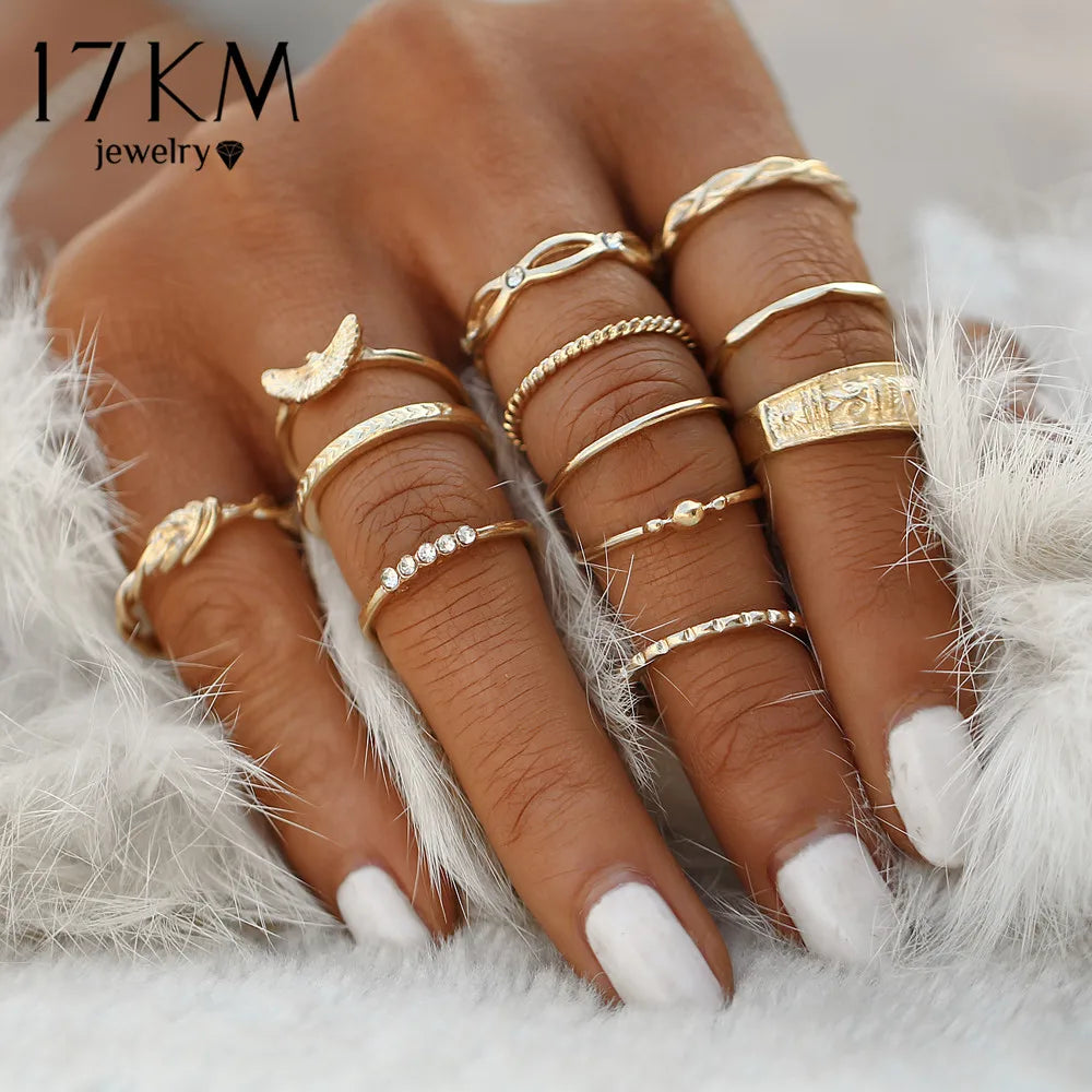 Vintage Boho Charm Gold Color Midi Finger Ring Set - Geometric Design