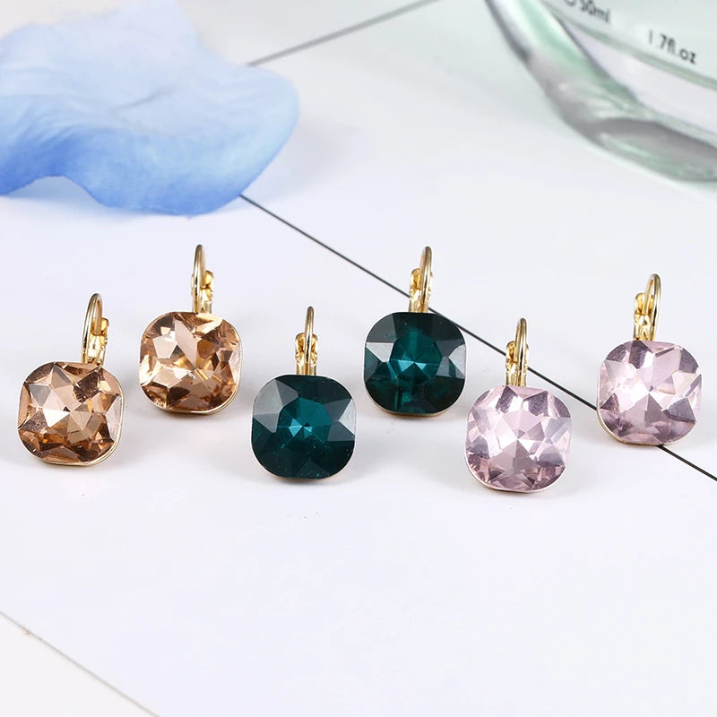 Classy Gold Color Square Stud Earrings - Crystal Metal Fashion Jewelry