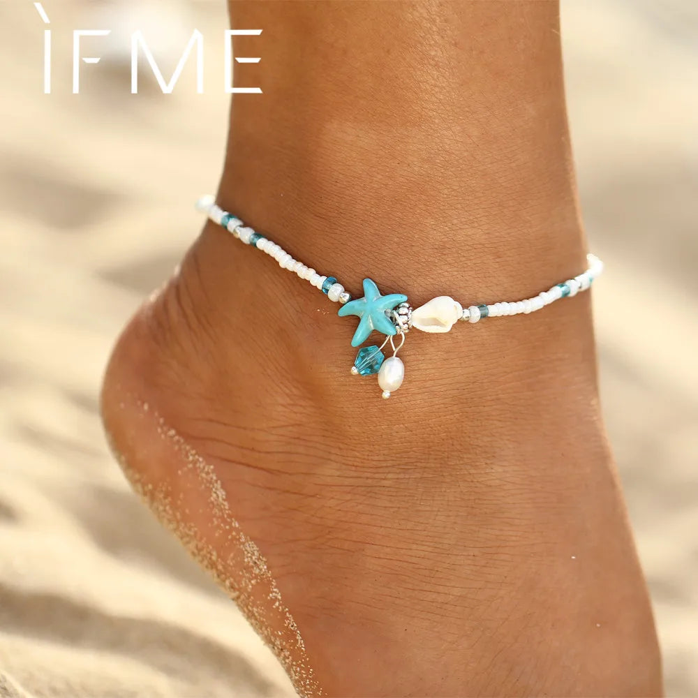 Bohemian Imitation Pearls Starfish Charms Bracelet - Silver Metal Anklet Jewelry