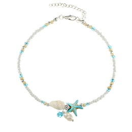 Bohemian Imitation Pearls Starfish Charms Bracelet - Silver Metal Anklet Jewelry