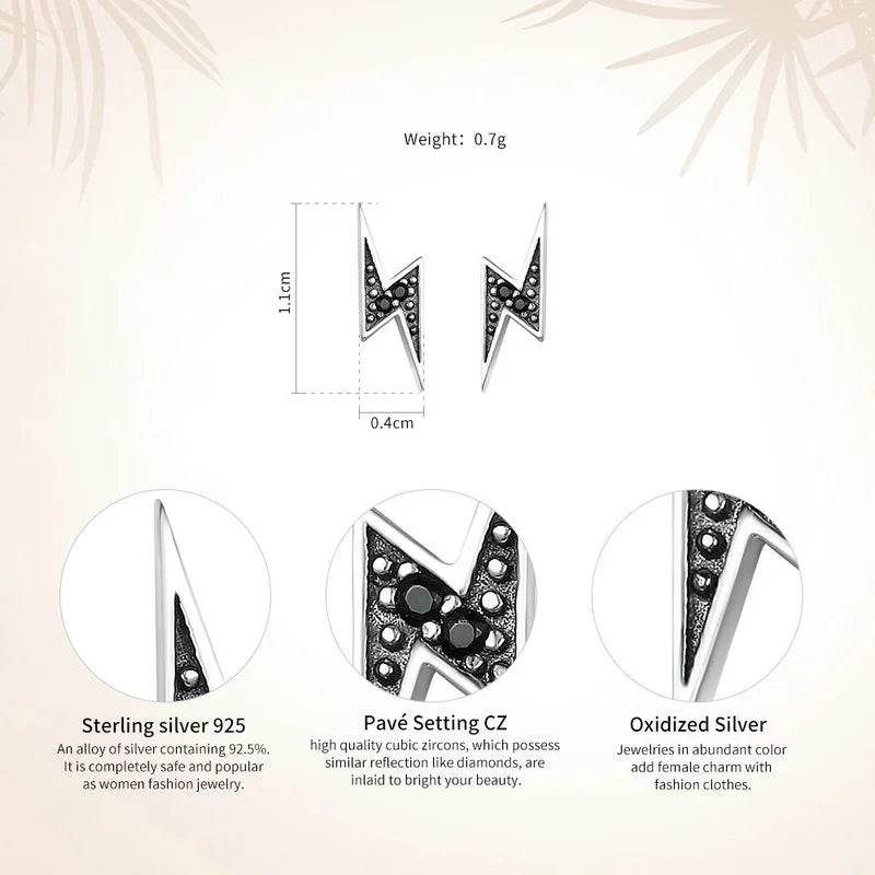 925 Sterling Silver Exquisite Lightning & Black CZ Stud Earrings - Edgy Jewelry