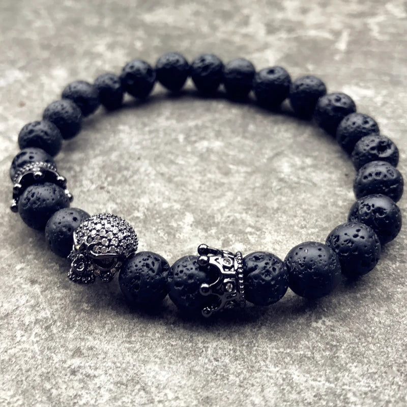 Natural Lava Stone Beaded Bracelet - CZ Crystal Hiphop Fashion Jewelry