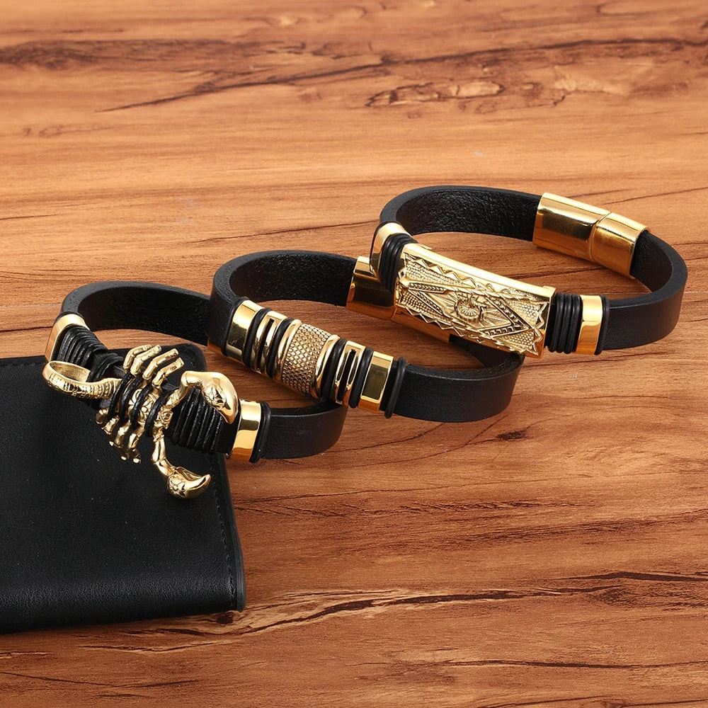 Gold Leather Bracelet - Totem Geometric Fashion Jewelry