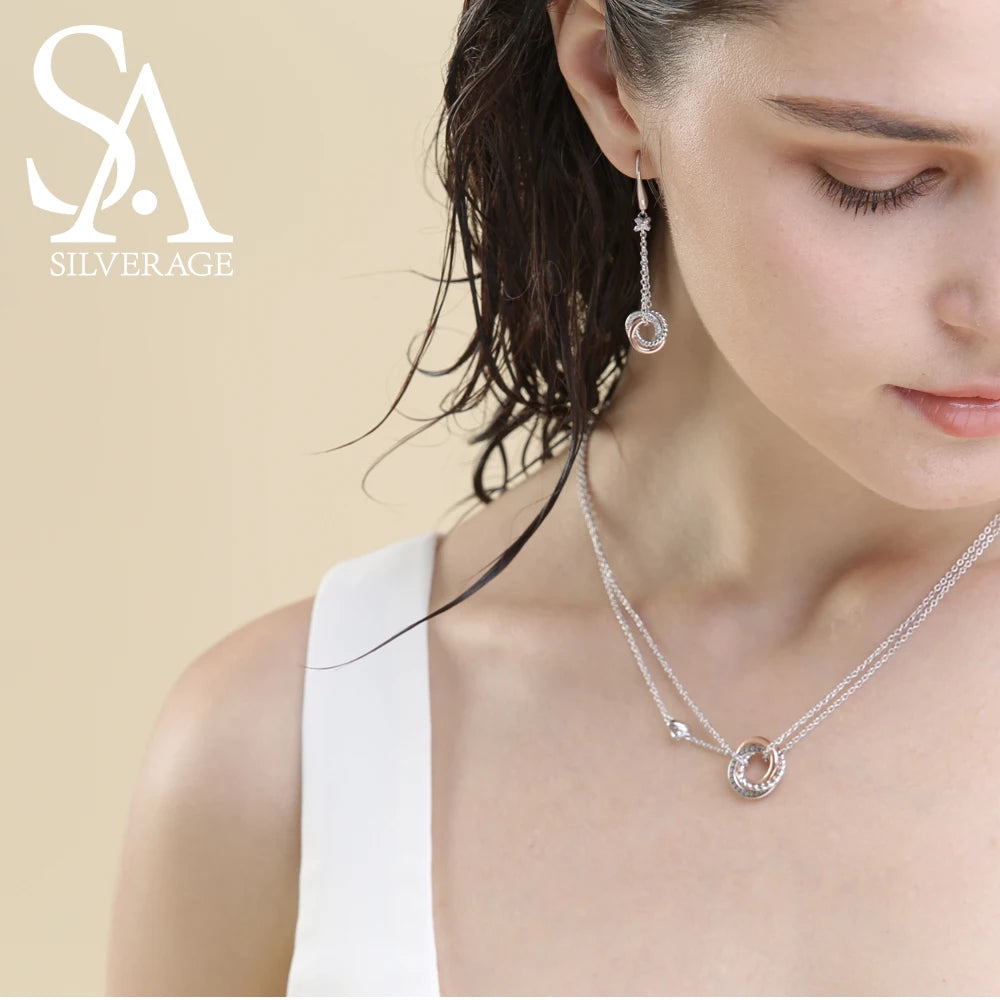 925 Sterling Silver Long Necklace - Rose Gold Zircon Pendant
