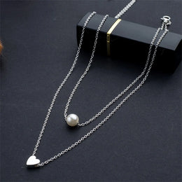 Sweet Double Layers Heart Pendant Necklace - Imitation Pearl Design