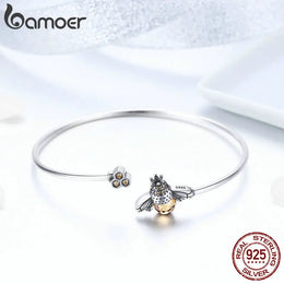 925 Sterling Silver Crystal Yellow Bee Bangle - Zircon Cuff Bracelet