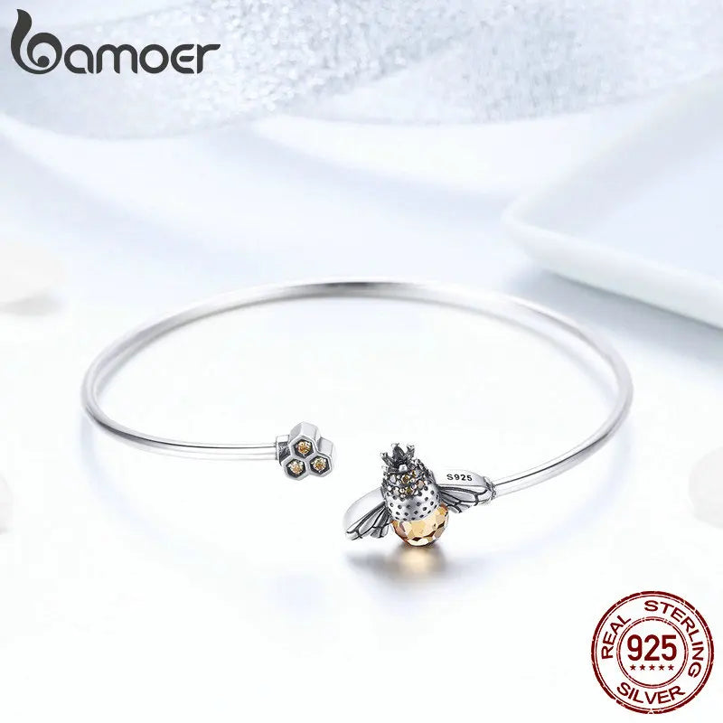 925 Sterling Silver Crystal Yellow Bee Bangle - Zircon Cuff Bracelet
