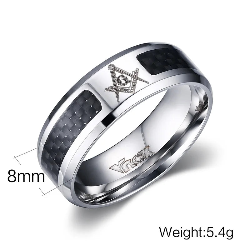 Stainless Steel Masonic Men's Ring - Carbon Fiber Accent