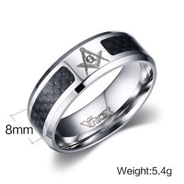 Stainless Steel Masonic Men's Ring - Carbon Fiber Accent
